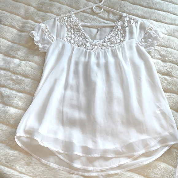 ivory chiffon sheer layered puff slv babydoll tunic blouse top L - Picture 3 of 11